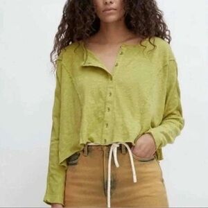 The UO I Chartreuse Raw-Hem Buttondown Cropped Cardigan